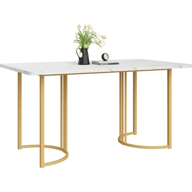 Gutent Eettafel, Wit/Goud , 140 x 80 cm (1-st), MDF-Materiaal, Moderne keukentafel, Rechthoekige eettafel met metalen frame, modern marmerpatroon, met verstelbare poten, voor eetkamer en woonkamer