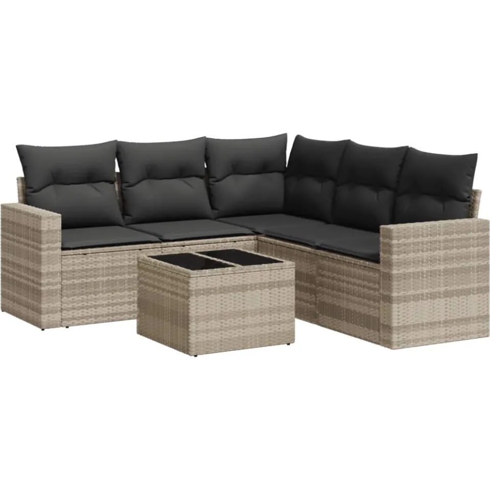 vidaXL 6-delige Loungeset met kussens poly rattan lichtgrijs grijs