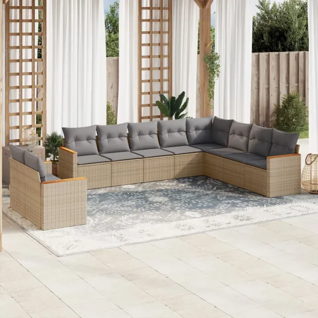 vidaXL 10-delige Loungeset met kussens poly rattan beige, foto 2