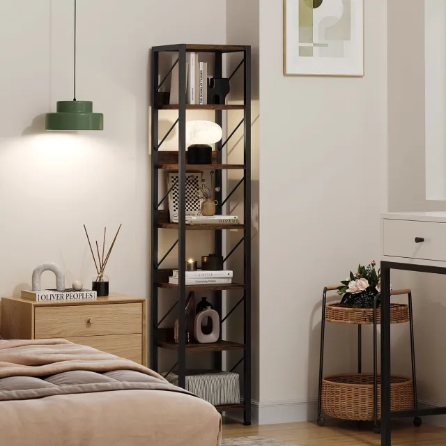 Triumpunpre Smalle Boekenkast 6 Lagen - 35x30x168cm - Hoge Boekenkast - Rustieke Planken - Industrieel Metalen Frame - Hoek Opbergrek Klein - Voor Slaapkamer Woonkamer Kantoor - Bruin