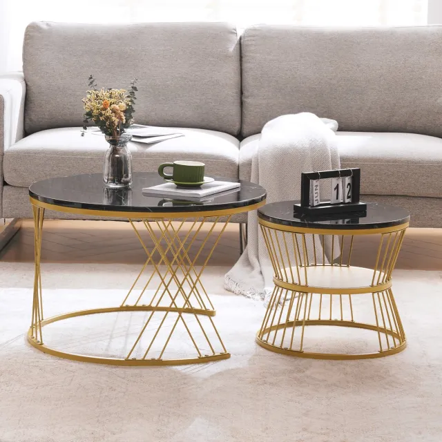 Wishdor Nestbare Salontafelset - Rond En Hoogglans - Modern - Voor Woonkamer - MDF En Metaal - Zwart Met Goudkleurig Frame - 70 x 70 x 47 cm / 45 x 45 x 40 cm Zwart PU