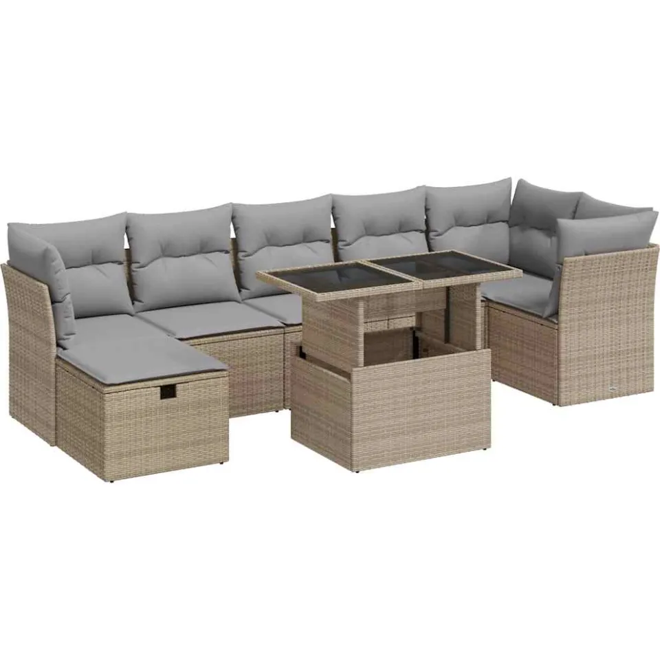 vidaXL 8-delige Loungeset met kussens poly rattan beige, foto 3