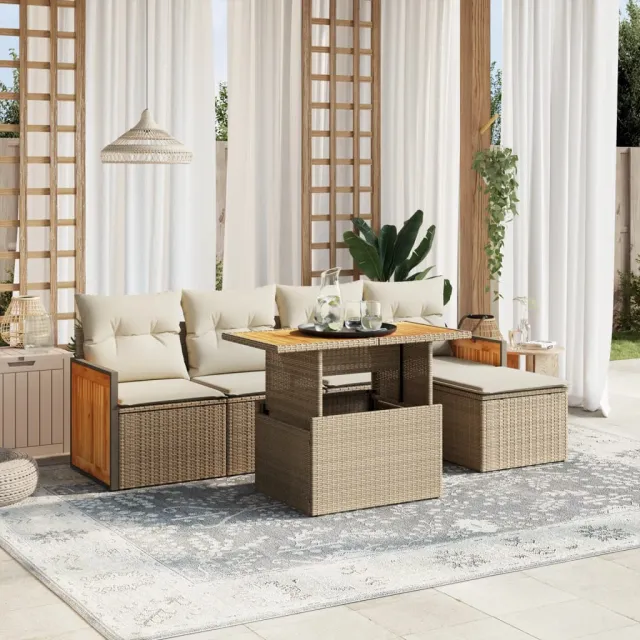 vidaXL 6-delige Loungeset met kussens poly rattan beige, foto 2