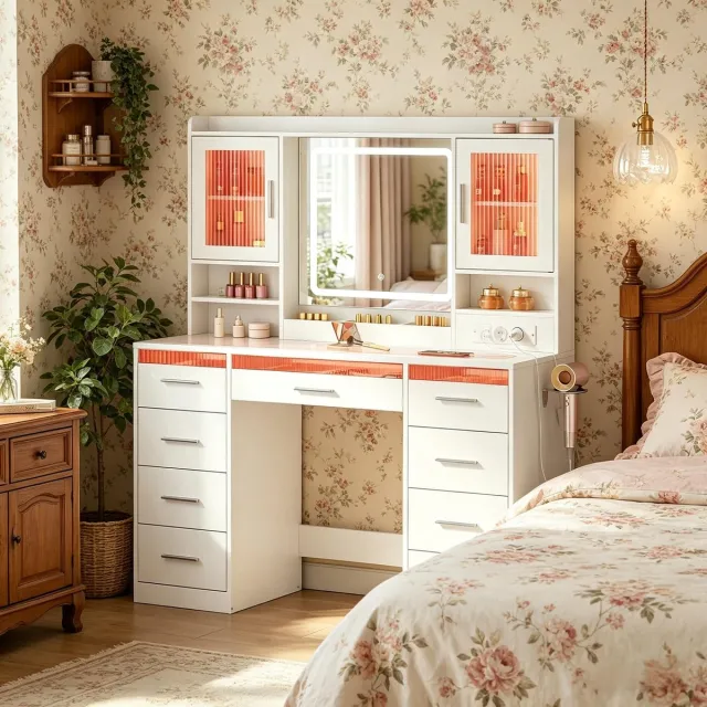 Zubaliya Kaptafel met LED-spiegel, glazen blad en 9 lades - wit - 40 x 110 x 140 cm