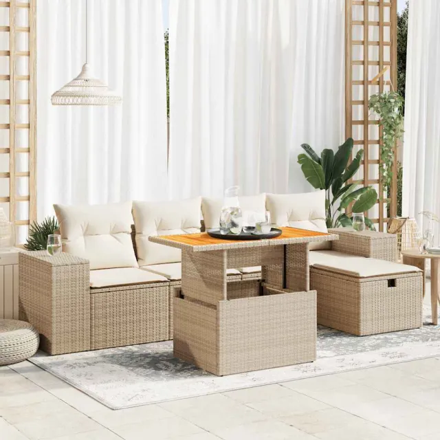 vidaXL 6-delige Loungeset met kussens poly rattan acacia beige