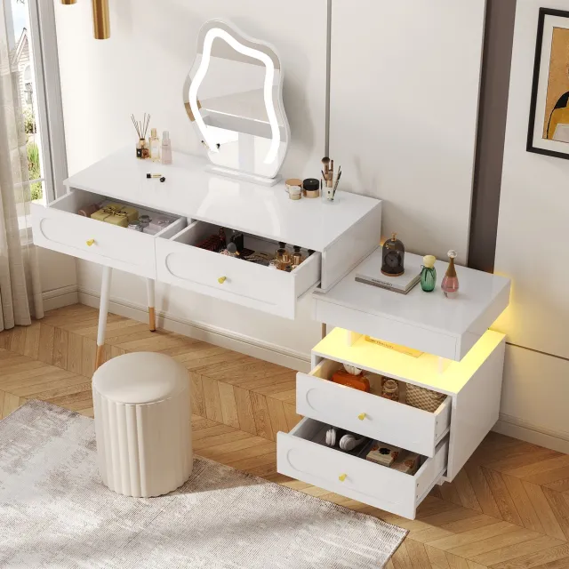 STILVORA Kaptafel - LED-Spiegel Met Touchbediening En 4 Laden - Open Vak Voor Make-Up En Opslag - Spaanplaat - 140x40x130 cm - Wit