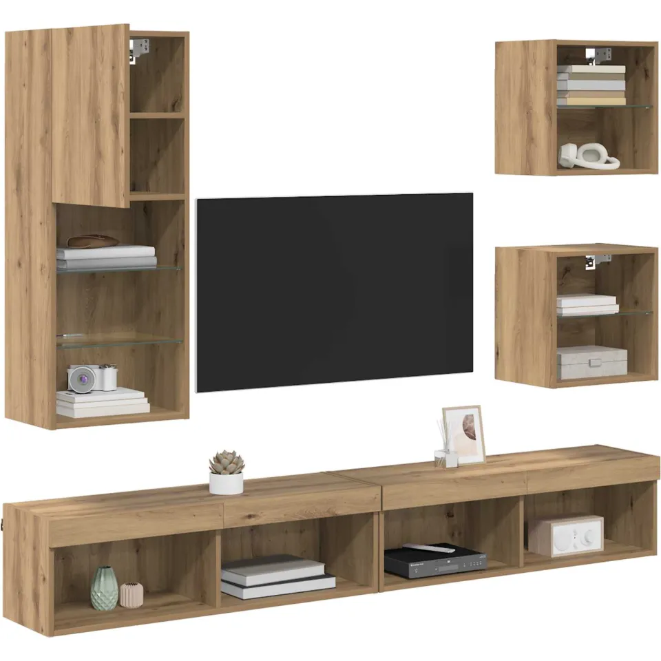 vidaXL TV Wand Eenheden met LED 5 st Artisan Eiken 100 x 30 x 30 cm Bruin