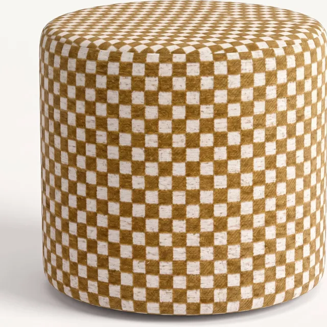 Mörgenn Poef Tile Ocre - Ronde Poef en Voetenbank - Chenille Blokjes - 70x70x40 cm