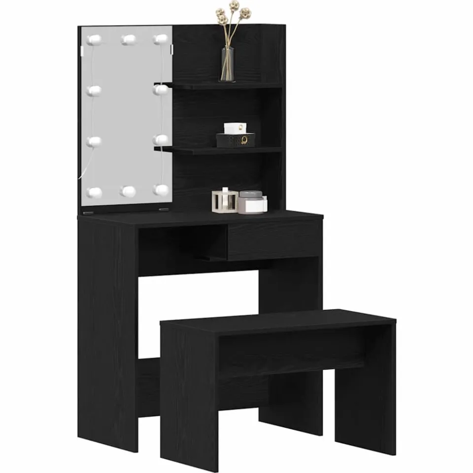 vidaXL LED Make-up Tafel Set 2 st Zwart Eiken 74,5 x 40 x 141 cm