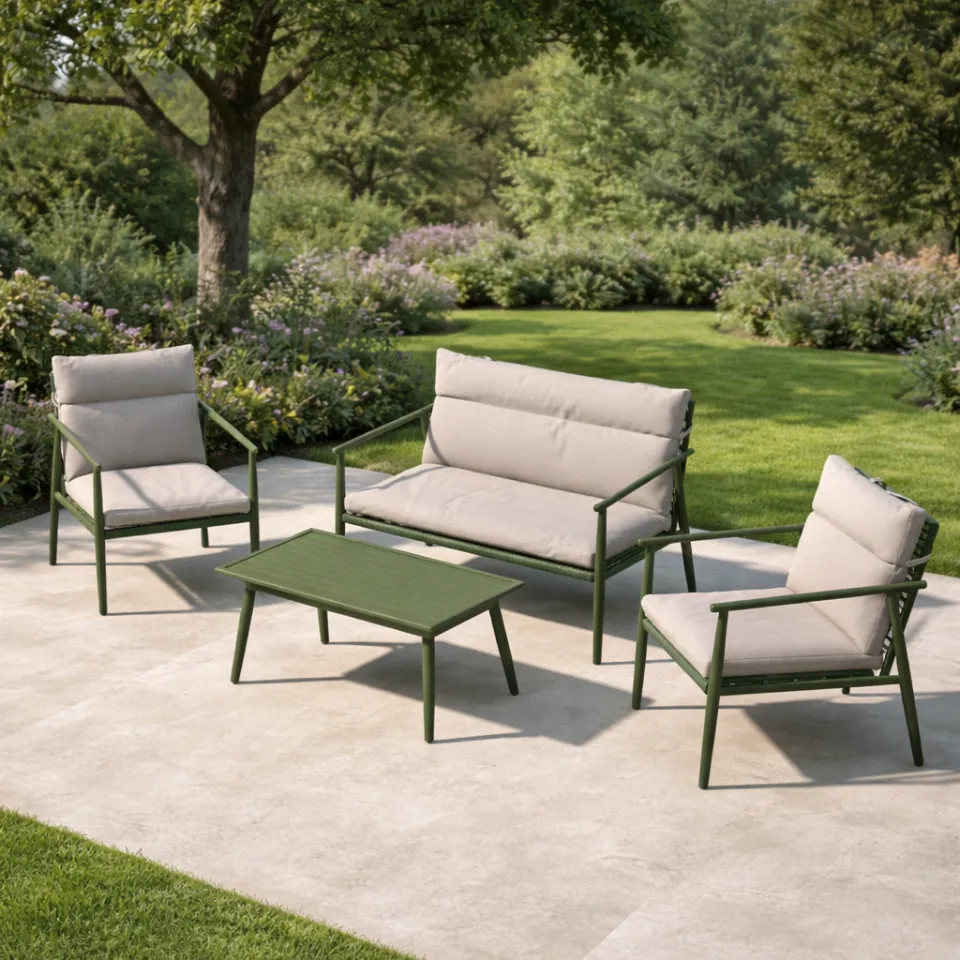 Nest outdoor Margret tuin loungeset groen - tweezits bank, twee fauteuils en een salon tafel - met beige zitkussens, foto 2