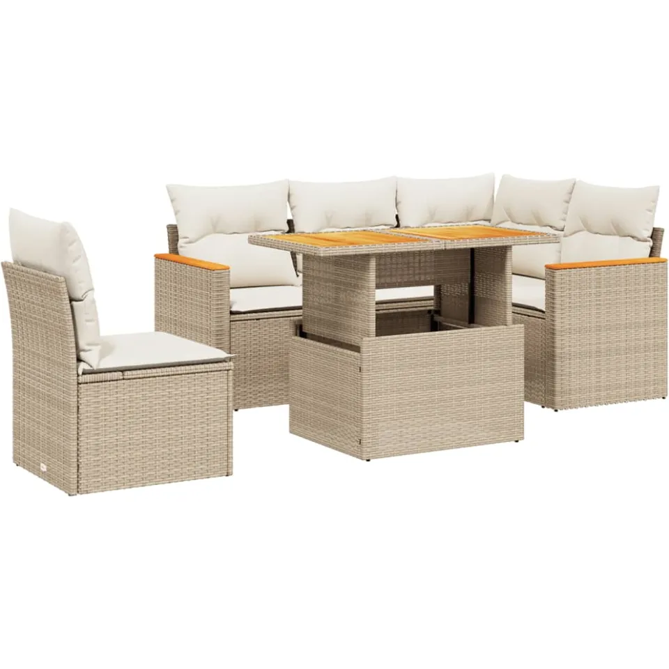 vidaXL 6-delige Loungeset met kussens poly rattan beige, foto 3