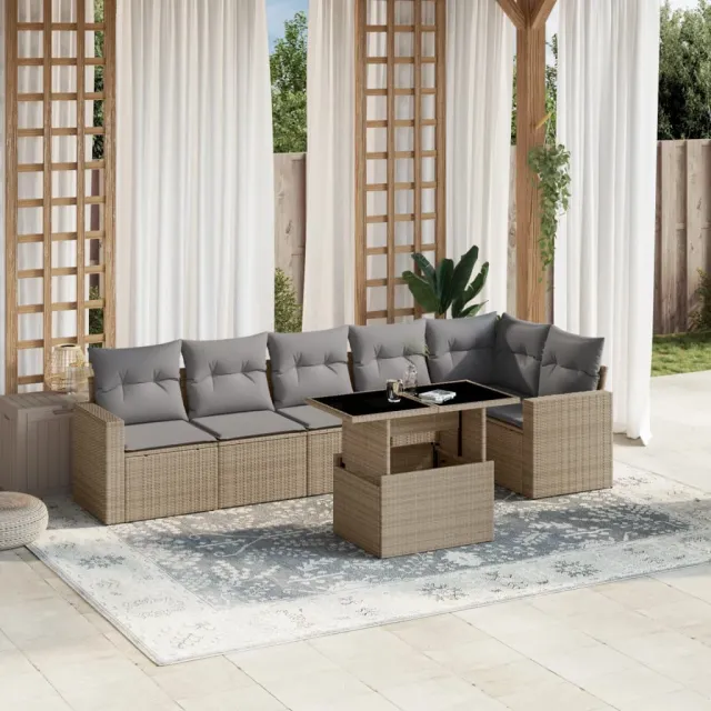 vidaXL 7-delige Loungeset met kussens poly rattan beige, foto 2