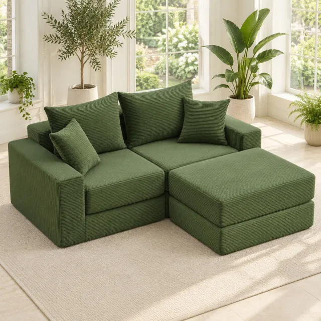 Wishdor Modulaire hoekbank - Flexibel als rechte bank, L-vormige bank of logeerbed - Brede armleuningen en antisliponderzijde - Modern voor de woonkamer - Ribstof - Groen - 259,5 x 96 x 80 cm