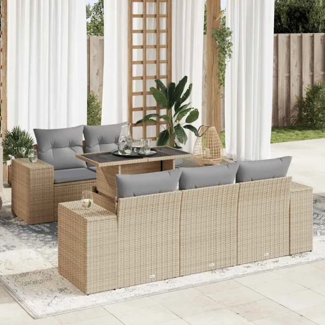 vidaXL 6-delige Loungeset met kussens poly rattan beige, foto 2