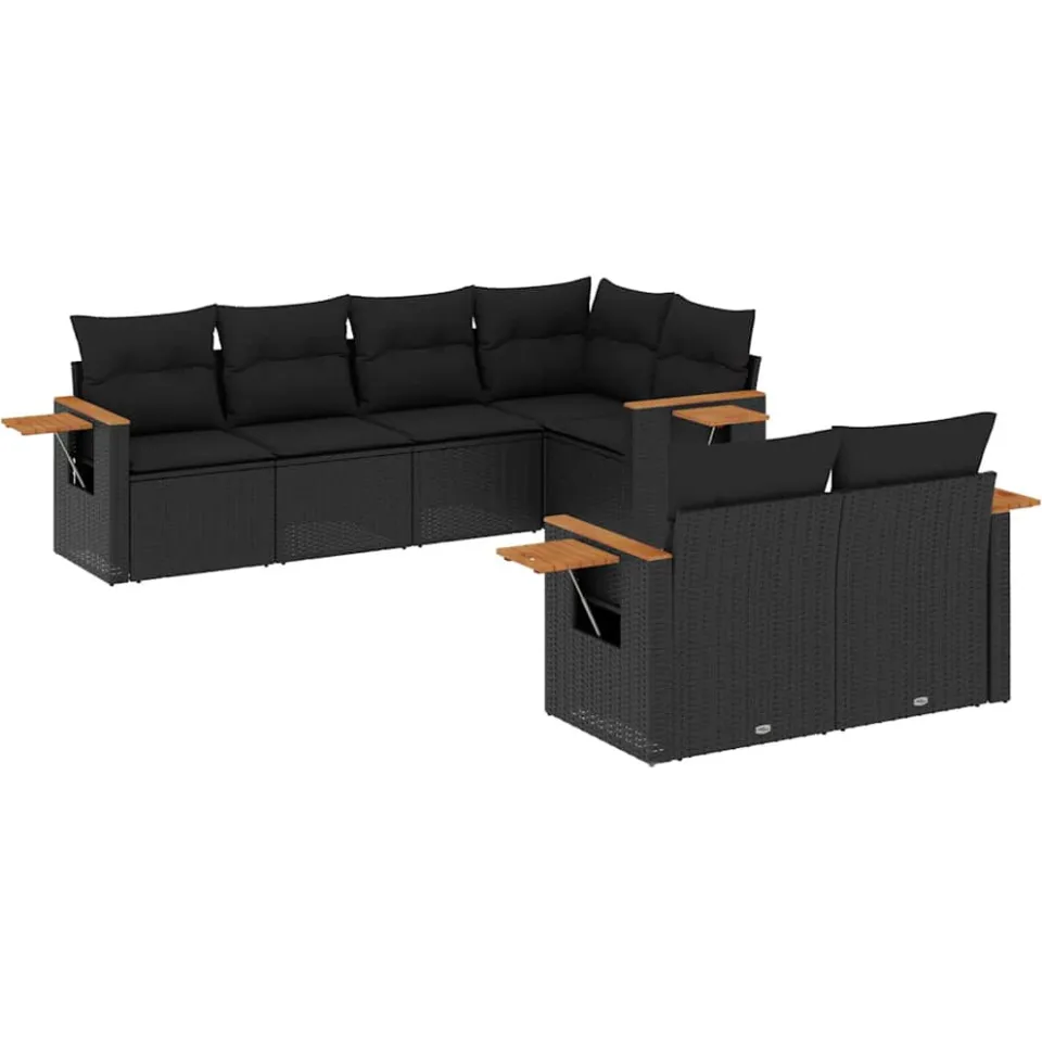 vidaXL 7-delige Loungeset met kussens poly rattan zwart, foto 3