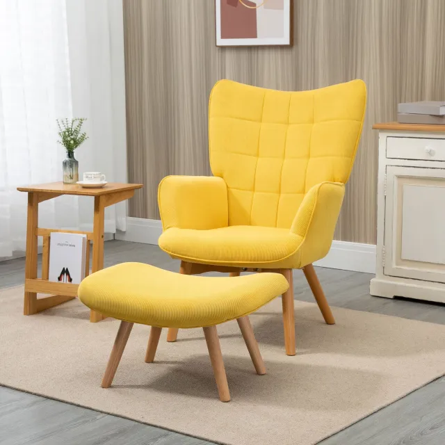 HAUSS SPOLE Orenfauteuil met Hocker - Hoge Rugleuning en Gestikte Bekleding - Voor Woonkamer en Leeshoek - Polyester en Hout - Geel