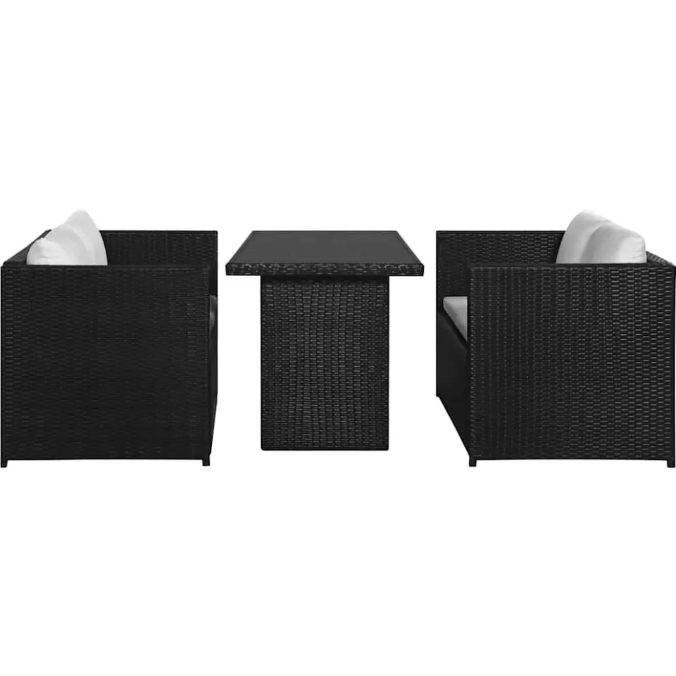 vidaXL 3-delige Loungeset met kussens poly rattan zwart, foto 2