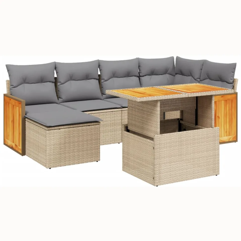 vidaXL 7-delige Loungeset met kussens poly rattan beige