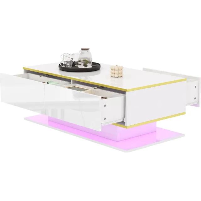 Clruro Moderne LED Salontafel - Hoogglans - 100 cm - Gouden Afwerking - 3 Laden - USB-LED-Lichtstrip - MDF - Zwart