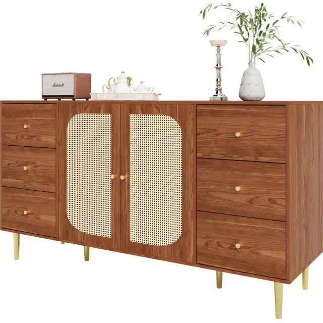 Merax Rattan Dressoir Bruin 160x40x90 cm Met Lades En Deuren Opbergkast Voor Woonkamer Of Eetkamer Hout
