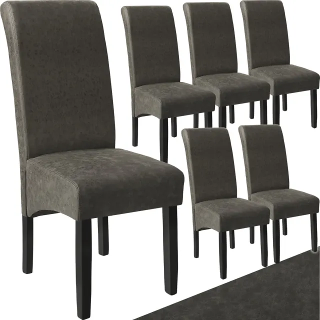 Tectake Eetkamerstoel - Comfortabele kunstleren stoel met hoge rugleuning - Keukenstoel voor keukentafel - Gestoffeerde keukenstoel - Diverse kleuren en sets - Maximale belasting 120 kg - Afmeting (LxBxH) 44 x 63 x 106 cm - Set van 6 - Grijs