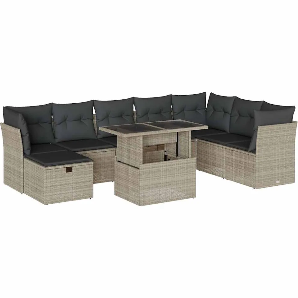 vidaXL 9-delige Loungeset met kussens poly rattan lichtgrijs grijs, foto 3