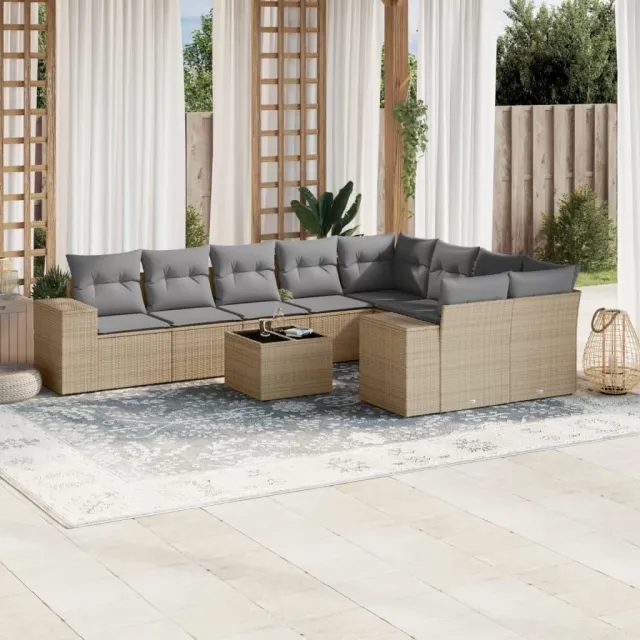 vidaXL 10-delige Loungeset met kussens poly rattan beige, foto 2