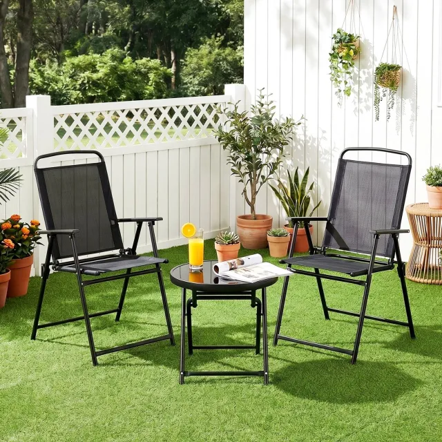 VOWNER Balkonset 3-delige set-Tuinmeubelset opvouwbaar met golfglas-Tafel en comfortabele stoelen-Bistroset voor buiten en binnen-Zwart