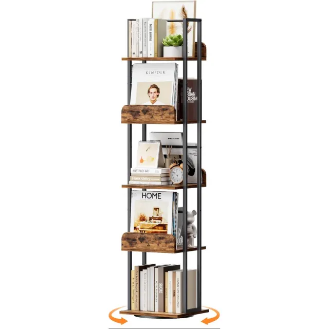 Famanu Draaibare boekenkast toren met 5 niveaus, smalle hoekboekenplank voor boeken en decoratie, ideaal voor kleine ruimtes Zwart
