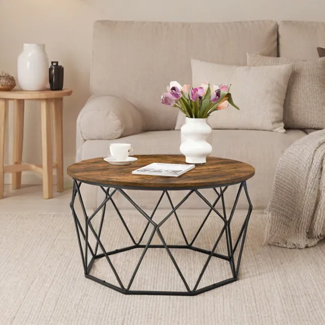 Songmics Ronde salontafel – Stalen frame – Rustiek bruin en zwart – Industriële stijl