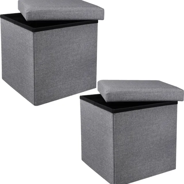Hi poef/hocker/opbergbox - 2x - grijs - polyester/mdf - 38 x 38 cm - opvouwbaar