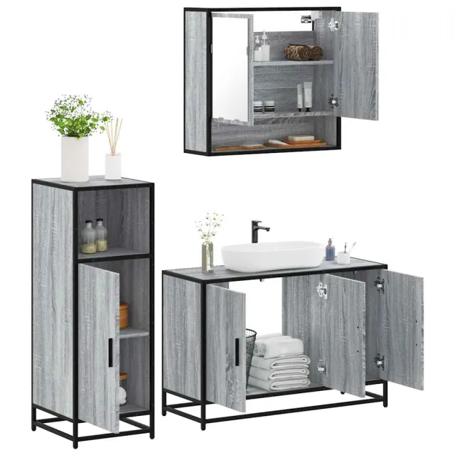 vidaXL 3-delige Badkamermeubelset bewerkt hout grijs sonoma eikenkleur, foto 2