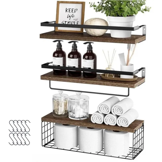 Kaëru Wandplanken - Set van 3 - Boekenplank - Met metalen frame - Met 10 haken - Draagvermogen 10 kg per plank - 42x15.5cm - Houten planken - Badkamer, keuken, woonkamer - Vintage bruin hout