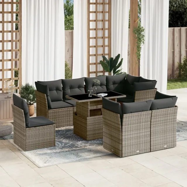 vidaXL 9-delige Loungeset met kussens poly rattan grijs, foto 2