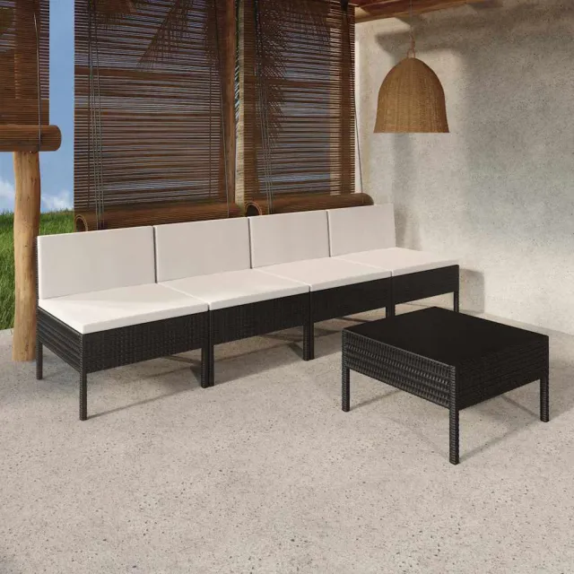 vidaXL 5-delige Loungeset met kussens poly rattan zwart