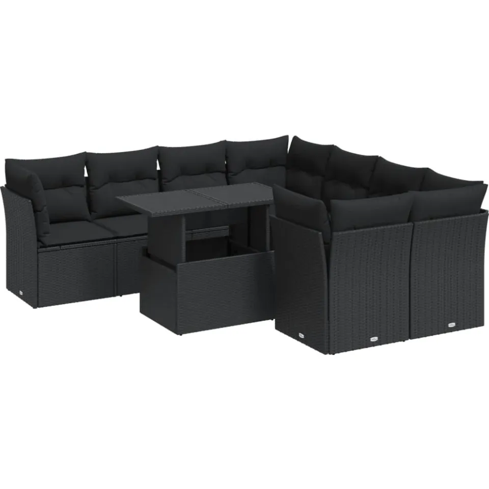 vidaXL 9-delige Loungeset met kussens poly rattan zwart, foto 3
