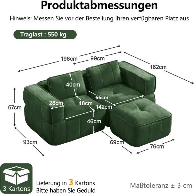 MIVRAY Hoekbank 198 x 162 x 67 cm - Modulaire 2-Zits Met Hocker En Diepe Zit - Voor Woonkamer En Appartement - Polyester Groen Green
