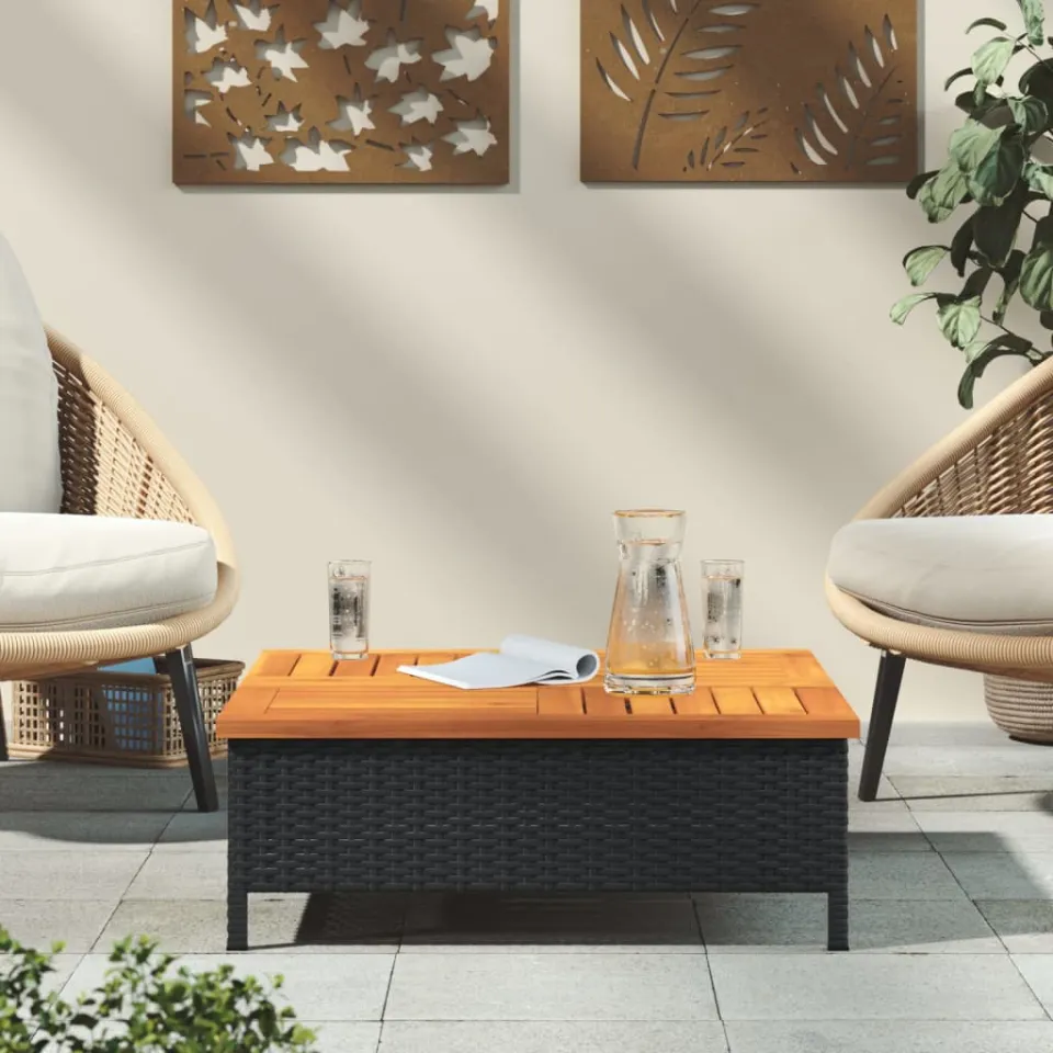 vidaXL Tuintafel 70x70x25 cm poly rattan en acaciahout zwart, foto 3