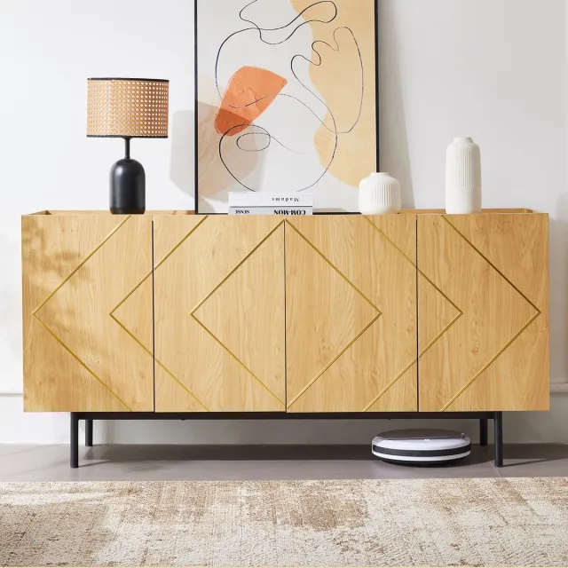 Clruro Sideboard - H78xB160xD40 - 4 Deuren Met Metaal Inlay - Opbergkast Voor Woonkamer - Hout - Naturel
