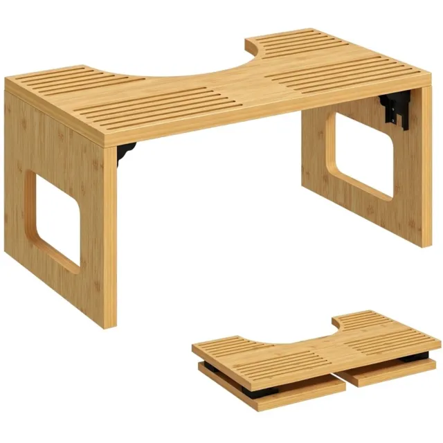 DESMIU Toilettenhocker 42,5 x 25 x 20 cm - Inklapbaar Met U-Vormige Uitsparing En Antislip - Voor Badkamer En Wc - Bamboe Eikenkleur