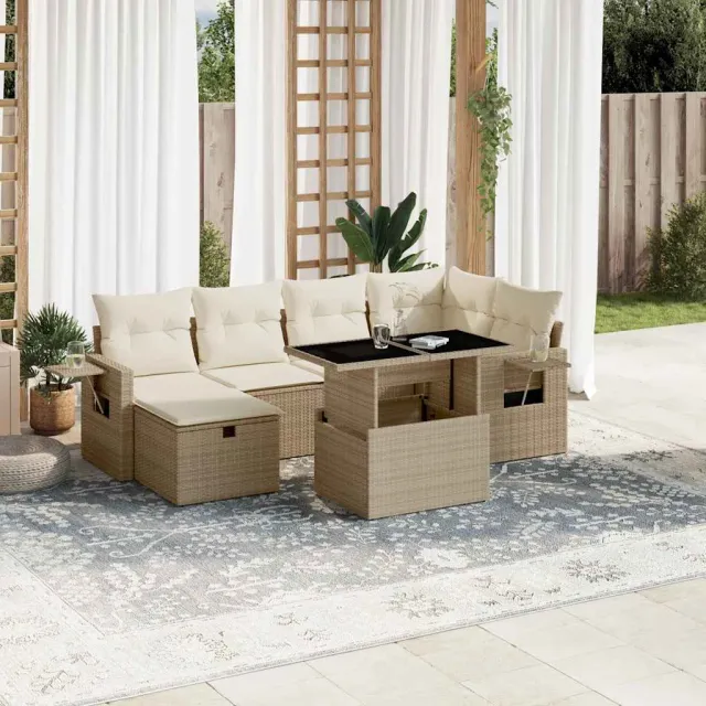 vidaXL 7-delige Loungeset met kussens poly rattan beige, foto 2