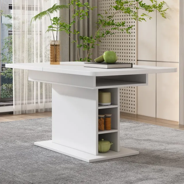 STILVORA Eettafel - Uittrekbare Eettafel Met Opbergruimte - Ruimtebesparend Met Middenkolom - Flexibel Voor Eten En Werken - Spaanplaat+Metaal - Wit