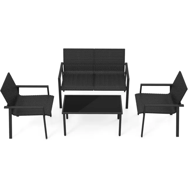 Costway Polyrotan tuinmeubelset, 4-delig, terrasmeubels, zitgroep, zitgroep voor 4 personen, tuinmeubelen incl. 2 stoelen, bank & tafel, voor tuin, terras, zwembad (zwart)