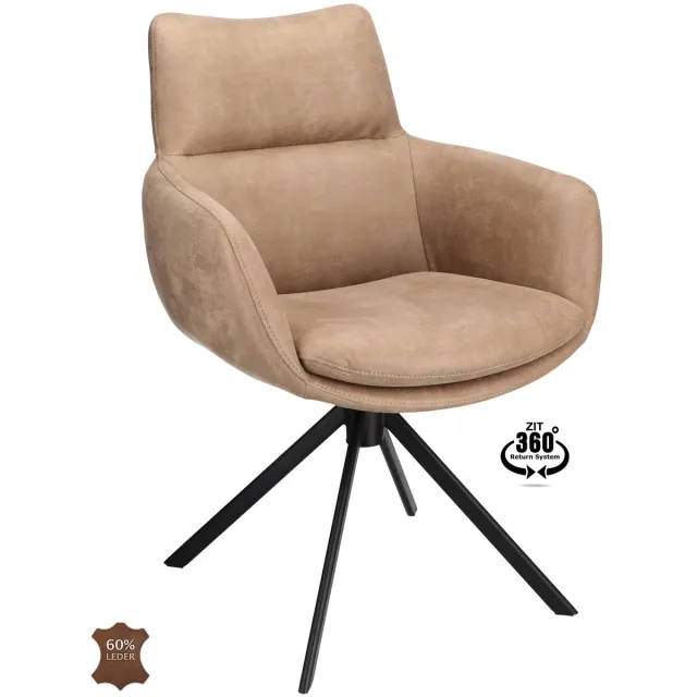 Icon Living Armstoel Savo - Microleder Bull Liver - Leg Black 360° Return-System Creme