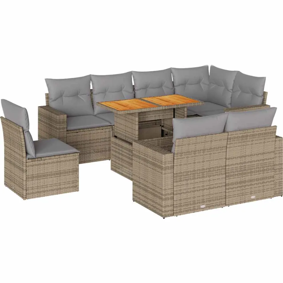 vidaXL 9-delige Loungeset met kussens poly rattan beige, foto 3