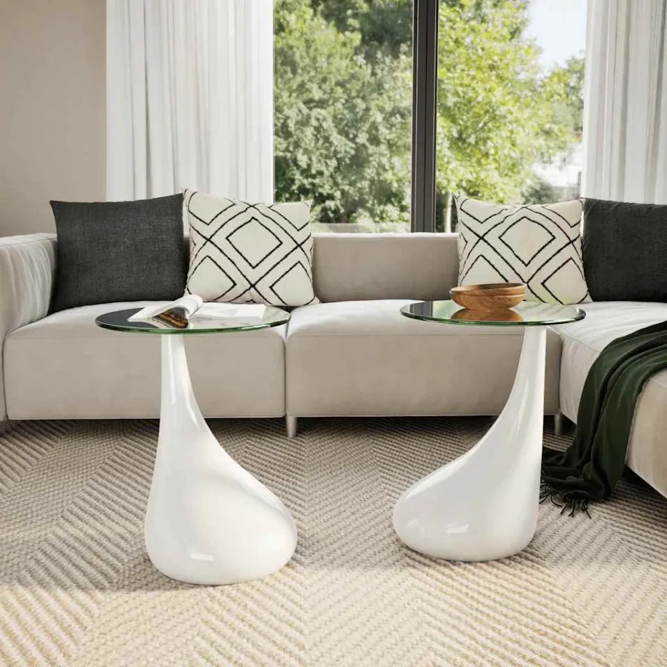 vidaXL Salontafel met rond glazen tafelblad hoogglans wit 2 st, foto 3