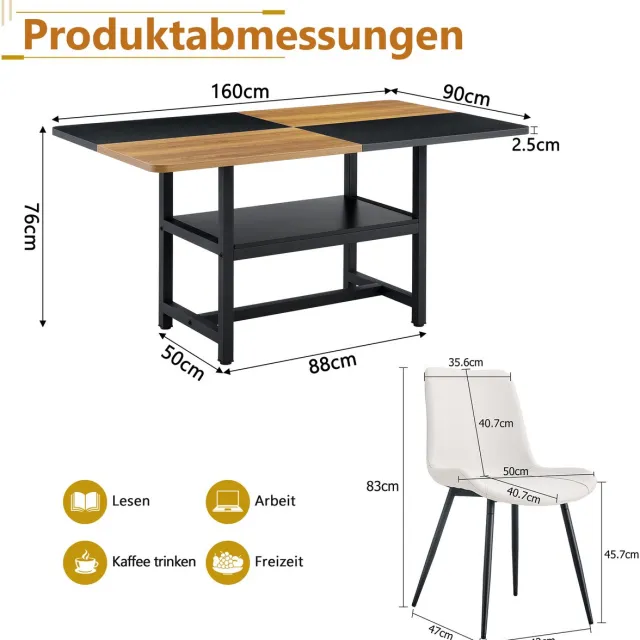 OKWISH Eettafelset 160 Cm - Met Opbergvak En 4 Eetkamerstoelen - Voor Keuken En Eethoek - MDF Metaal PU - Bruin Zwart Wit Zwarte houttinten +Wit