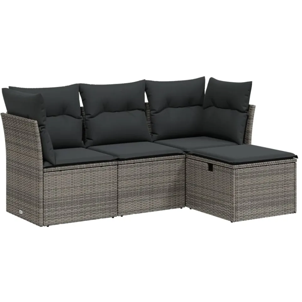 vidaXL 4-delige Loungeset met kussens poly rattan grijs, foto 3