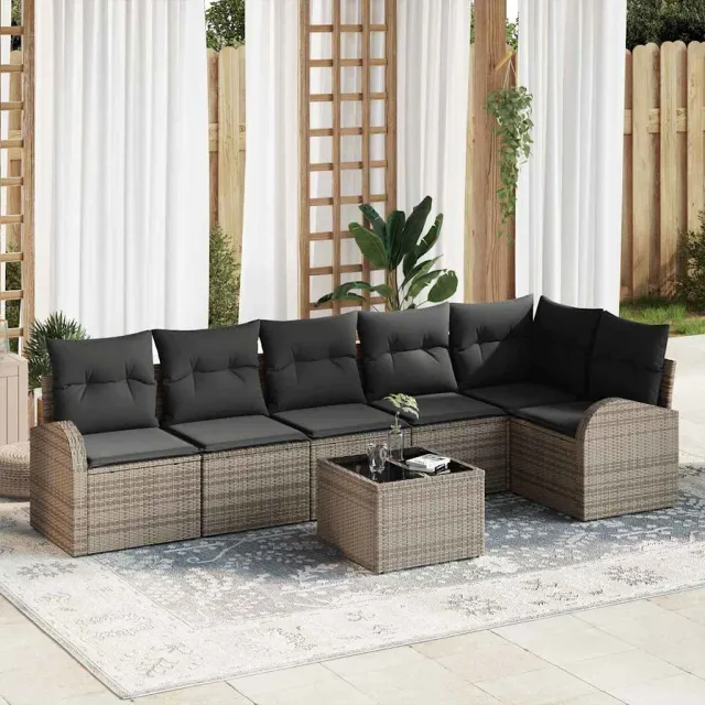 vidaXL Tuin Sofa Set met kussen 7 pcs Grijs Poly riet, foto 2