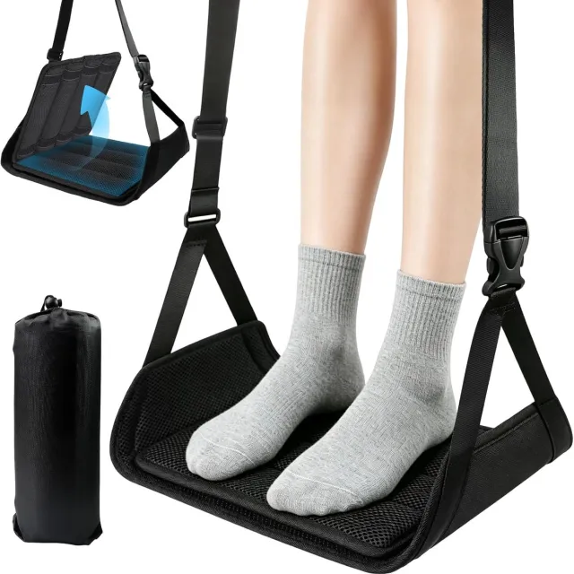 CHOOLY Draagbare Vliegtuigvoethangmat Met Traagschuim En Bamboe Frame - Antislip Verstelbare Banden 40kg Compact Op Te Vouwen - Ideaal Voor Op Reis En Thuiswerkplek Zwart